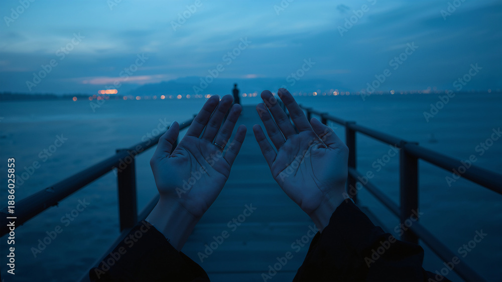 Obraz premium 桟橋の夜景で若い日本人の両手が長秒の海に祈りを捧ぐ