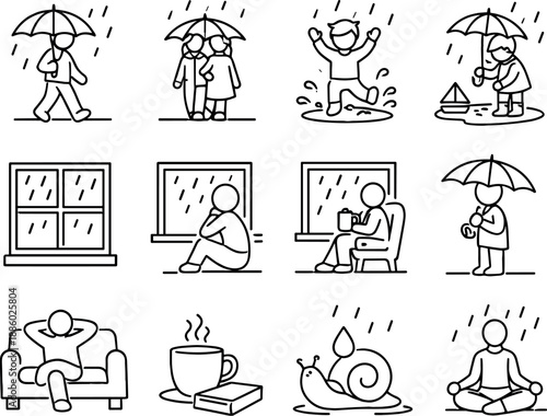 Line style icons of rainy day activities: walk, stroll, jump, play; window, view, watch, wait; relax, pause, slow, calm Strict
