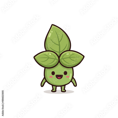 Smart horizontal bay leaf cartoon character wearing glasses in a thinking pose isolated on white.
