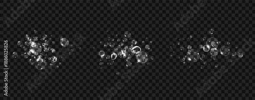 Set of clean water bubbles with soap foam effect, sparkle shine, detergent powder trail, fresh wave and hygiene on black background.