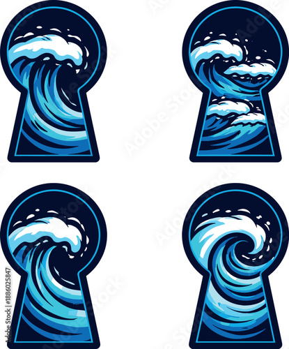 Two-Color vector icons of keyhole showing stormy sea: keyhole with crashing wave, choppy crest inside aperture, turbulent swell