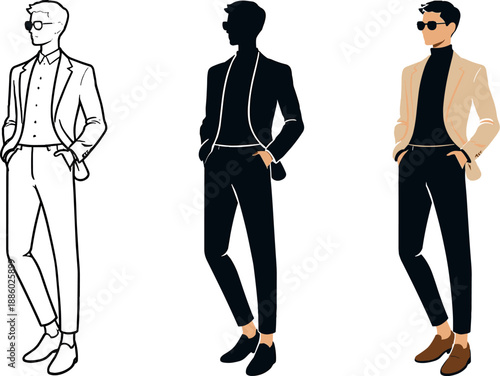 Elegant Fashion Silhouettes. Lifestyle elegance concept showing a minimalist human silhouette wearing fashionable attire with