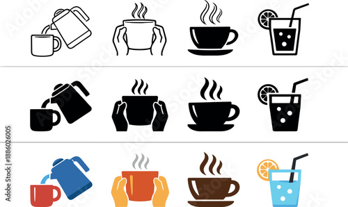 Hot Drink Icons. Icon object one for hot drink preparation, icon object two for warming enjoyment, icon object three for aroma