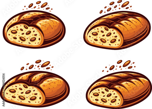 Two-Color vector icons of rustic bread revealing grains within (related theme): grainy loaf, cracked top, seed sprinkle, arc