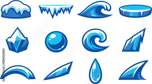 Two-Color vector icons of frozen purity: untouched snow cap, pristine frost line, clean ice curve, smooth icy plate; fresh