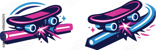 Two-Color vector icons of a futuristic skate grind across a luminous bar (whimsical shift): neon beam, hover-grind arc, glowing