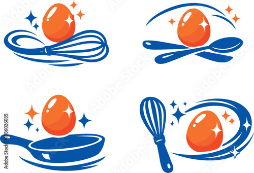 Two-Color vector icons of a whimsical culinary moment with a poised egg (whimsical shift): glowing egg, wire whisk curl, soft