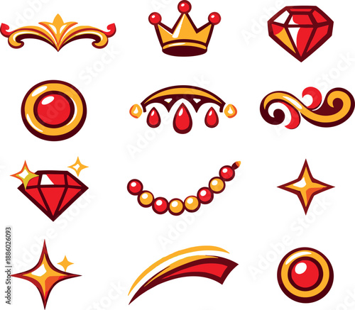 Two-Color vector icons of royal accents: crest curve, crown tip, jewel bead, ring plate, decorative arc, motif curl, gem shine,