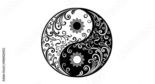 Ornate Yin Yang Symbol with Floral Swirls and Sun Motifs.