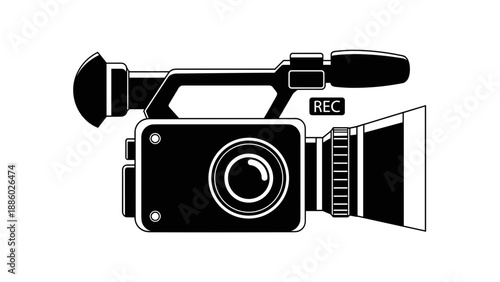 Professional video camera illustration in black and white recording equipment design.