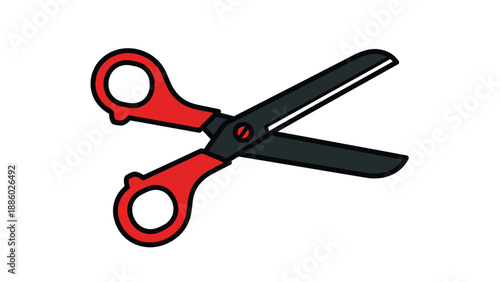 Red and black scissors isolated on a white background ready for cutting.