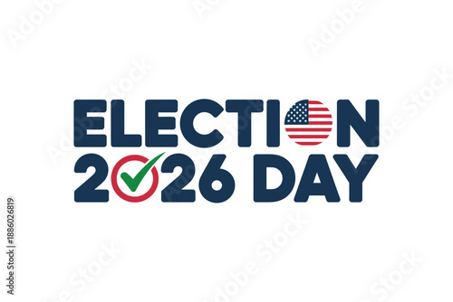 A vector graphic illustration of an Election Day 2026 logo with American flag and checkmark