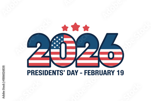 A vector graphic illustration of a Presidents' Day logo for 2026, featuring the American flag design and patriotic colors.