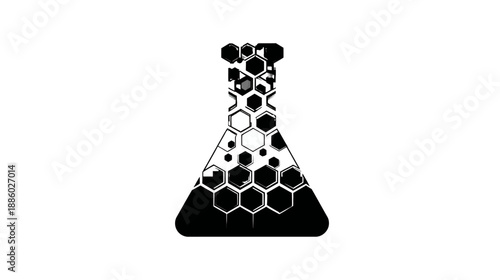 A black and white flask silhouette, filled with honeycomb shapes, on a white background