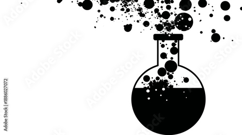 A black and white illustration of a lab flask with erupting liquid and dots