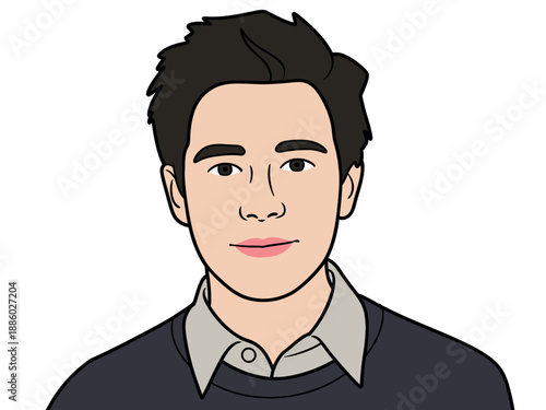 Cartoon illustration of young man with dark hair and casual outfit