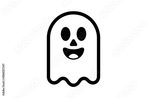 Black and White Ghost Icon with Smiling Face and Cartoonish Features on Plain Background