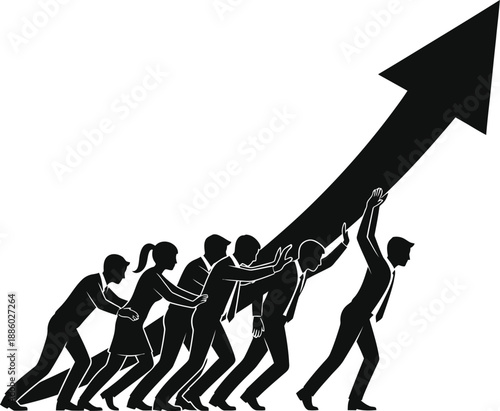 Teamwork and collaboration concept with people pushing an upward arrow
