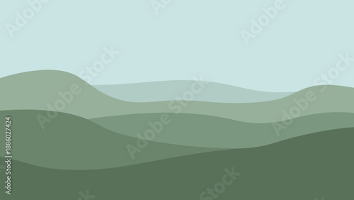 Serene landscape of rolling hills and muted green tones under a tranquil sky.