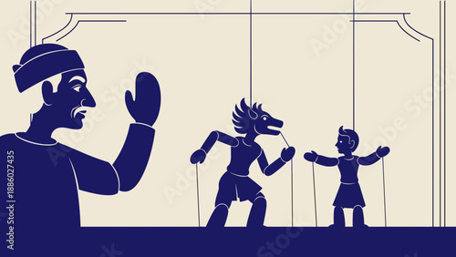 Shadow Puppet Master Directing a Play with Dragon and Boy Puppets.