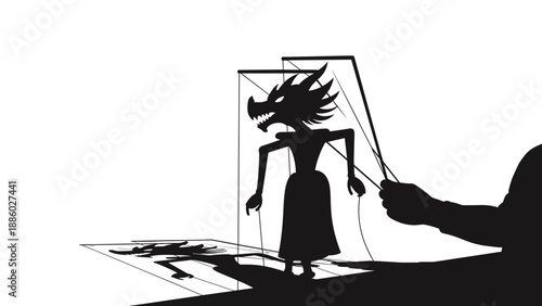 Shadow puppet dragon figure manipulated by a persons hand theatrical performance.