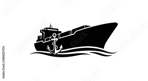 Silhouette of a Cargo Ship with Anchor Illustration.
