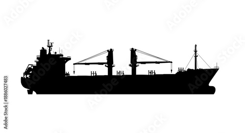 Silhouette of a Cargo Ship with Cranes on White Background.