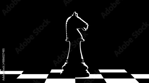 A black and white image depicting a chess knight piece on a checkered game board