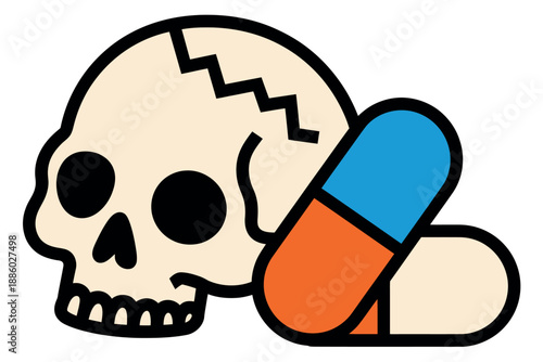 Cartoon skull with colorful pill