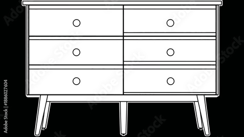 A black and white line drawing of a six drawer dresser with tapered legs