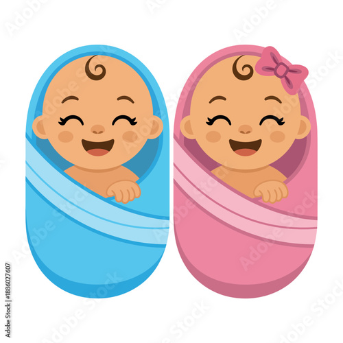 Adorable Cartoon Twin Babies Swaddled in Blue and Pink Blankets Smiling Sweetly Together
