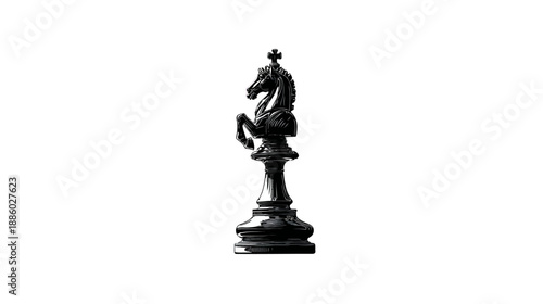A stark, grayscale illustration of a chess knight, isolated against a plain white background