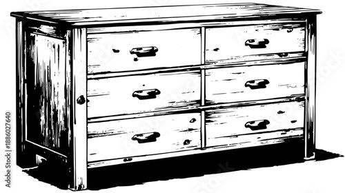 A black and white, wood-grain illustration of a six-drawer dresser with knob handles