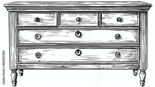 A black and white line drawing of a dresser, front view, with knobs on the drawers
