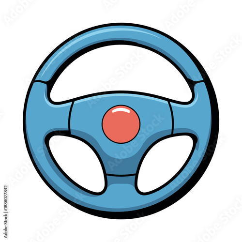 Blue Steering Wheel with Red Center Button Cartoon Illustration on White Background
