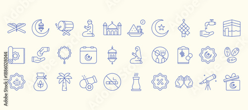 Ramadan Line Icon Set, Islamic Worship and Charity Symbols, Editable Stroke Linear Vector Pictograms for Muslim Holiday Design
