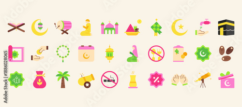 Ramadan Flat Icon Set, Islamic Worship and Charity Symbols, Flat Vector Illustrations for Muslim Holiday Design