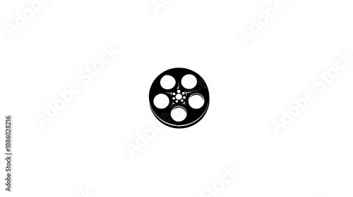 A stark, minimalist depiction of a film reel, isolated on a clean white background