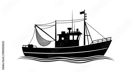 Silhouette of a Fishing Trawler Boat at Sea.