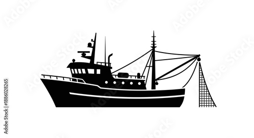 Silhouette of a Fishing Trawler Boat with Net.
