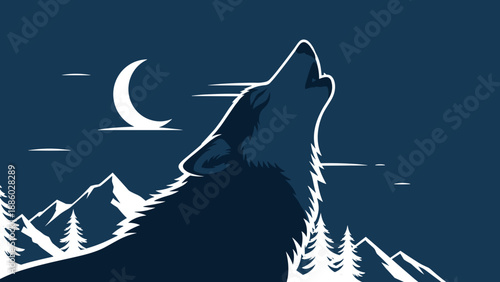 Silhouette of a howling wolf under the moon in the night sky.