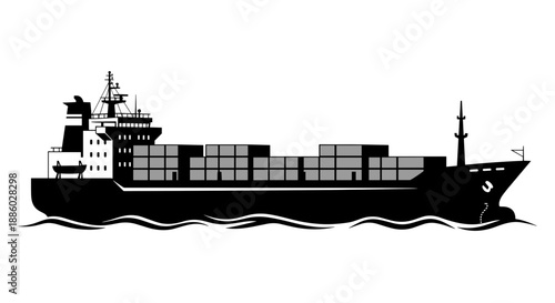 Silhouette of a large cargo ship carrying containers at sea.