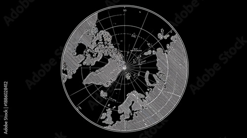 A stylized map of the Arctic region in a circular frame, featuring lines of latitude and longitude