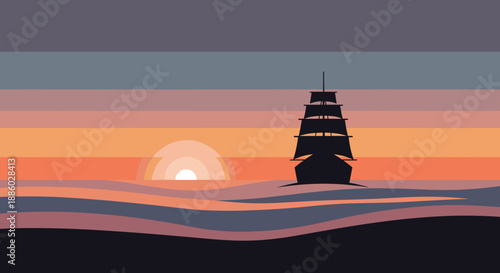 Silhouette of a majestic tall ship sailing on the ocean at sunset.