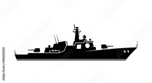 Silhouette of a Modern Warship Vessel with Cannons.