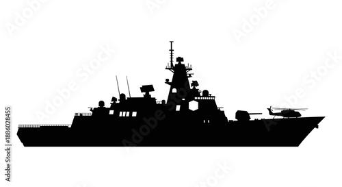 Silhouette of a Modern Warship Vessel at Sea.