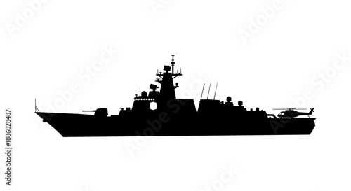 Silhouette of a modern warship with helicopter on deck 1.