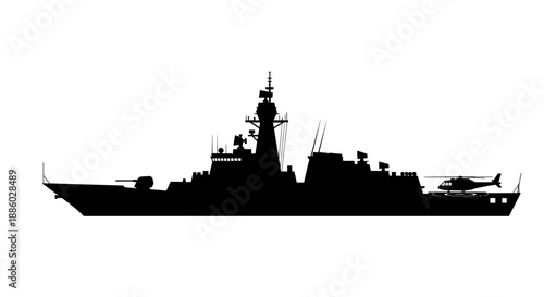 Silhouette of a modern warship with helicopter on deck.