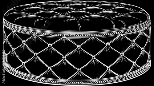 A sketch of an upholstered, button-tufted ottoman. It features diamond patterns and a bead trim