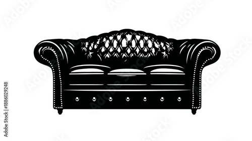 A black and white illustration of a classic tufted sofa. Front view, isolated on white background